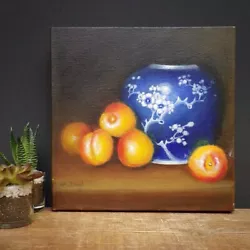 Buy Oil Painting On Canvas Still Life Blue And White Vase Oranges Fruit Small Used • 30£