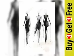 Buy Abstract Black And White Watercolor Painting Print - Three Women In Line  5 X7  • 5.99£