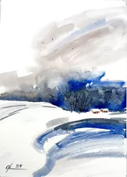Buy Original Watercolor Painting  Landscape Winter Forest Snow Field River Christmas • 42.27£