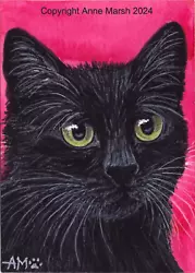 Buy ACEO ATC Original Black Cat Kitten Painting Pretty In Pink Anne Marsh Feline Art • 29.99£