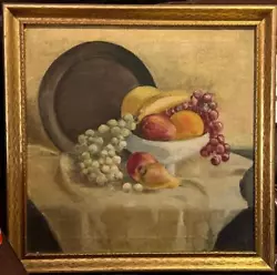 Buy Antique Old American Original Oil Painting Still Life Art Fruits & Pewter Plate • 401.62£