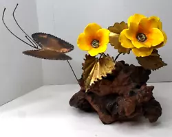 Buy Vtg Brutalist Copper Butterfly & Yellow Painted Flowers On Driftwood Sculpture • 45.48£
