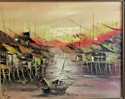 Buy Studio Mei Oil Painting 1981 Hong Kong Chinese Harbour Boat Scene Leighton Road • 49.99£