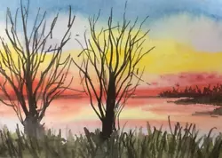 Buy ACEO Original Painting Art Card Acrylic Color Sunset Lake Landscape Miniature • 8.25£