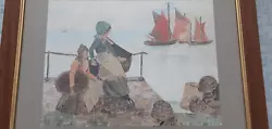 Buy Vintage  Watercolour / Mixed Media / Collage -  Harbourside Scene With Boats • 45£