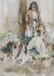 Buy GORDON KING (SCOTTISH 1939-2022)  GIRLS WITH SPANIELS  Watercolour, Signed • 399£