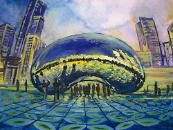 Buy Painting Chicago City Downtown Cloud Gate Skyscraper Millennium Park 5x7 Inches • 27.19£