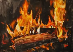 Buy Fire Painting Watercolor Original Art Flame Artwork Fireplace Wall Art • 90.41£