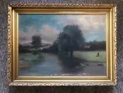 Buy Antique Painting Boy Fishing River Straw Hat Trees Nostalgia-Flawed 20.5” X 28” • 45.48£