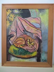 Buy Oil On Board 90s Painting Ginger Tabby Cat On Chair Sunflowers Striking Colours • 24.99£