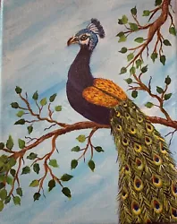 Buy ORIGINAL Handmade By Local Artist Blue Green Peacock On Tree Branch Painting  • 20.66£