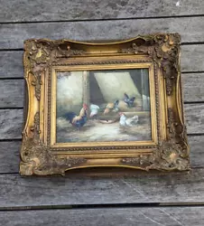 Buy Antique Oil Painting Framed Scene Of Chickens • 90£