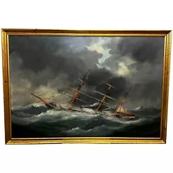 Buy Large Oil Painting Clipper Ship Swamped Bay Biscay Attributed Édouard Marie Adam • 7,500£