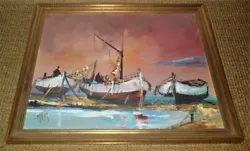 Buy ORIGINAL SIGNED MARTIN 1990's OIL PAINTING FISHING BOATS SCENE - Very Good • 59.99£