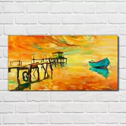 Buy Glass Print 100x50 Painting Sea Port Boat Sky Sunset Wall Art Home Decor  • 89.99£
