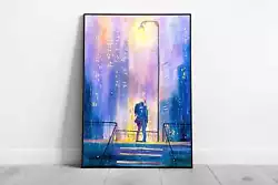 Buy Couple Kissing Under The City Streetlight In The Rain Watercolour Painting • 6.43£