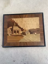 Buy Wood Inlay Picture Marquetry LANDSCAPE Decor Wall Art Boat On Lake Water Church  • 12.50£