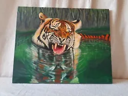 Buy Roaring Tiger Painting Swimming Sumatran Rare Signed Oil On Canvas Artist Animal • 195£