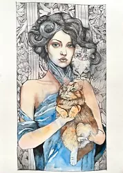 Buy COA Original Artdeco Art Nouveau Woman With Cats 12”x16” A3 Watercolor Painting • 118.40£