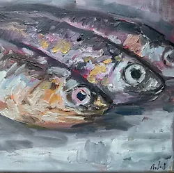 Buy Original Oil Painting Impressionist Fish Sardine Still Life Kitchen Ooak Signed  • 55£
