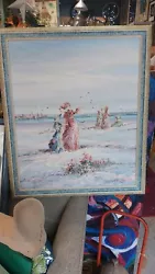 Buy Large Vintage Oil Painting Beach On Canvas Marie Charlot Sea Pink Blue White • 95£