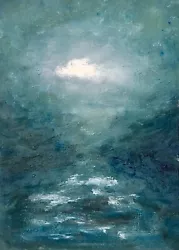 Buy “Moonlit” Original HJMarsh Oil Painting Evocative Night Seascape Turquoise Teal • 35£