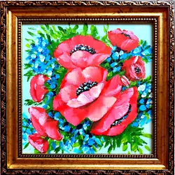Buy Poppy Painting Blue Hydrangea Artwork Red Flowers Bouquet Painting Gold Framed • 41.34£