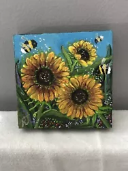 Buy Sunflowers And Bees Acrylic Miniature Art  4X4   ROBIN JAYNE • 16.54£