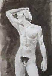 Buy Male Nude Painting Gay Original Modern Art Watercolor Black And Whit+... • 34.18£