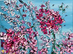 Buy Cherry Blossoms Original Oil Painting On Canvas Palette Knife Texture Pink Teal • 99.74£
