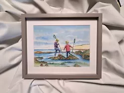 Buy Original Watercolour Illustration Print Children Fishing At Brighton Rockpools • 9.99£