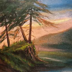 Buy 2000 VTG ORIGINAL Oil Painting Forest Sunset Landscape Photorealistic Nature Art • 82.87£