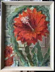 Buy Oil Painting Still Life Cactus Epiphyllum Red Flower Monogram 1972 Plant Bloom • 165.35£