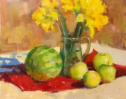 Buy Watermelon, Daffodils Painting Original Floral Still Life Oil Impressionist Art • 614.25£