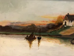 Buy R Willward 1922 Original Oil On Canvas - River, Boat, Bridge, Fishing • 221.70£