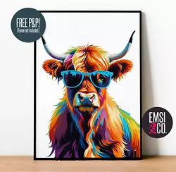 Buy Funny Highland Cow Animal Wall Art Prints, Animals Wearing Glasses Picture Gift • 3.99£