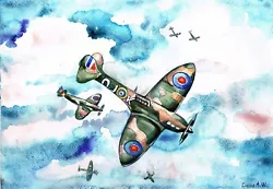 Buy Spitfire, Aviation, Supermarine Original Watercolour Painting N4  , Not A Print  • 34.99£