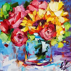 Buy Original Oil Painting Sunflowers Rose Flowers Artwork Floral Colorful Wall Art • 33.46£