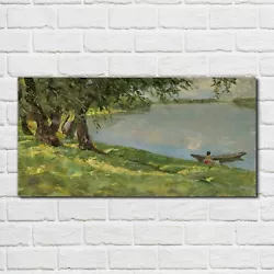Buy Glass Print 100x50 Oil Painting Boat Lake Tree Picture Wall Art Home Decor  • 89.99£