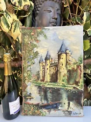 Buy VINTAGE FRENCH OIL PAINTING - CHATEAU, MOAT & BOAT - SIGNED, 44x30cm - 1940s • 60£