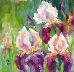 Buy Irises Flowers Wall Art Original Oil Painting Wall Art Canvas 12x12 Inches • 65£