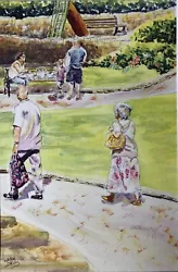 Buy Original Painting “Find A Spot In The Park” Locals Enjoying Uppermill Park • 19.99£
