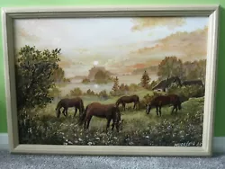 Buy Hand Painted Oil Painting On Hardboard Nature, Horses, Old House, Field, Sunset • 85£