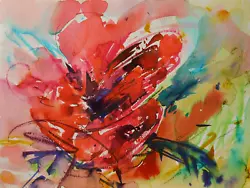 Buy EUN - Original Abstract Red Flower Watercolor Botanical Painting Signed • 41.34£
