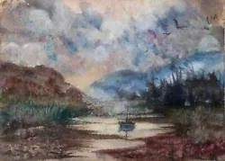 Buy ACEO Original Painting Landscape Art Storm Lake Boats Boat Hills Watercolour • 6£