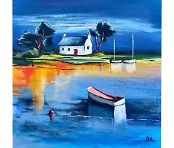Buy Abstract Seascape Original Painting, Farmhouse And White Sailboat, 8x8'' • 84.04£
