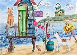 Buy A6 Original Watercolour Seaside~Beach Hut, Dog, Cat, Mouse, Houses, Bikini • 14.99£