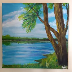 Buy Original On Canvas,Tree By Lake, Home Decor Acrylic Painting, 20 By 20 Cm • 17.77£