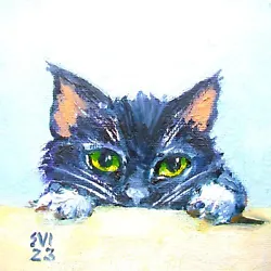 Buy Black And White Kitty Cat Original Oil Painting Canvas Board 4x4 Inches • 30£