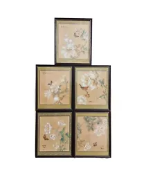 Buy Vintage Set Of 5 Chinese Silk Paintings - Flowers Butterflies Birds 22*27cm • 118.96£